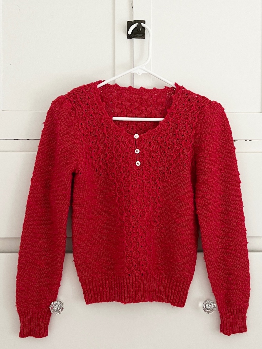 Vintage Hand Knit Red Textured Button Neck Sweater Small